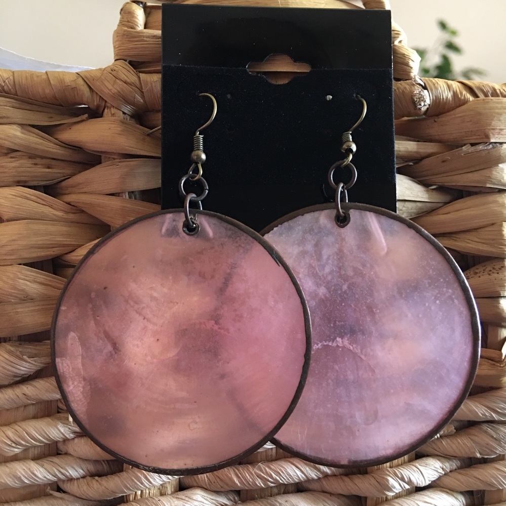 Vintage brass tone framed shell fish hook earrings